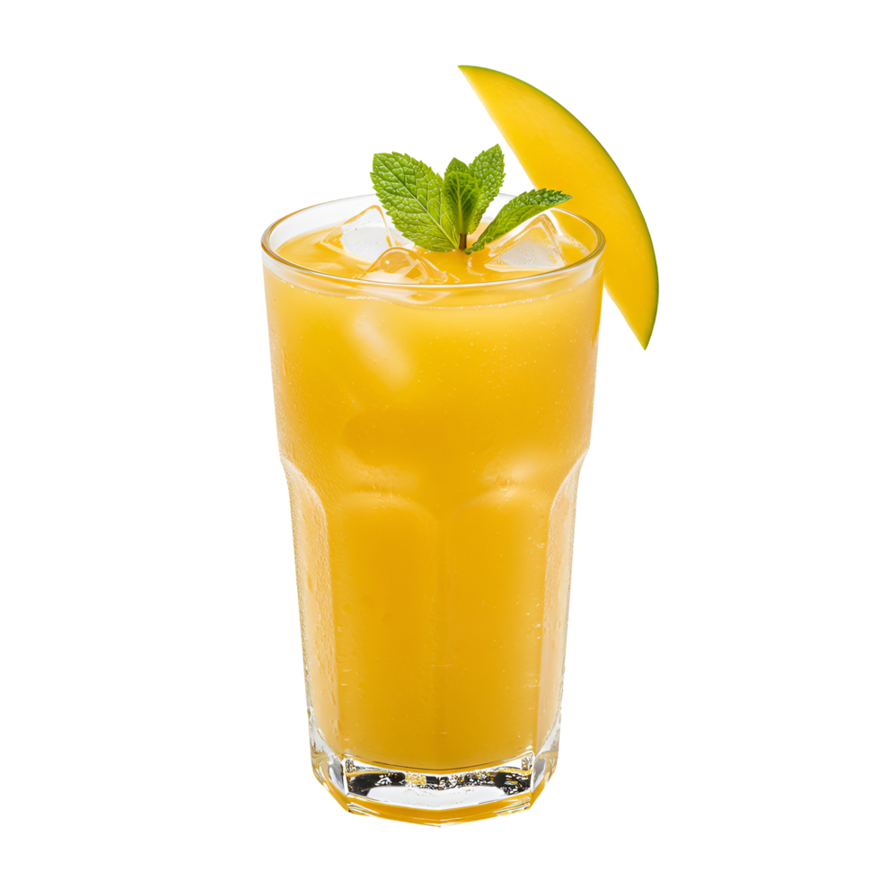 A glass of vibrant yellow juice with ice, garnished with mint and a slice of fresh mango fruit slice transparent background png