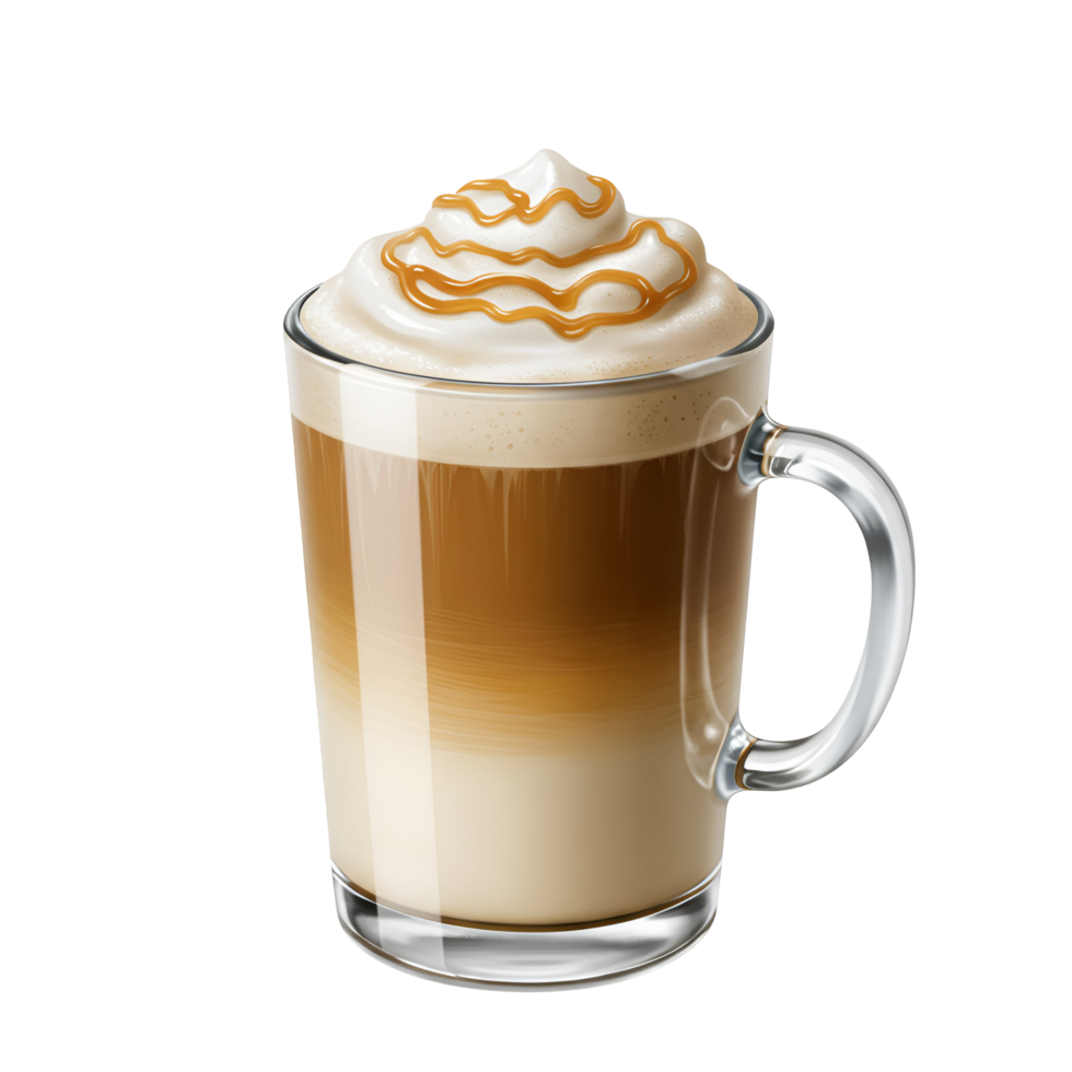A clear glass mug filled with a layered latte topped with whipped cream and caramel drizzle topping transparent background png