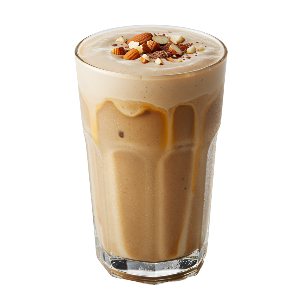 A glass filled with a creamy beverage topped with almonds and chocolate shavings on a plain setting transparent background png