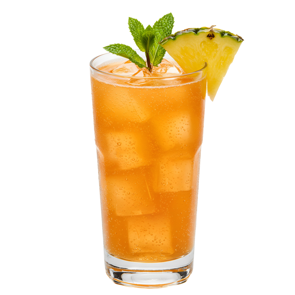 Tall glass filled with iced beverage topped with pineapple and mint sprigs against a plain space transparent background png