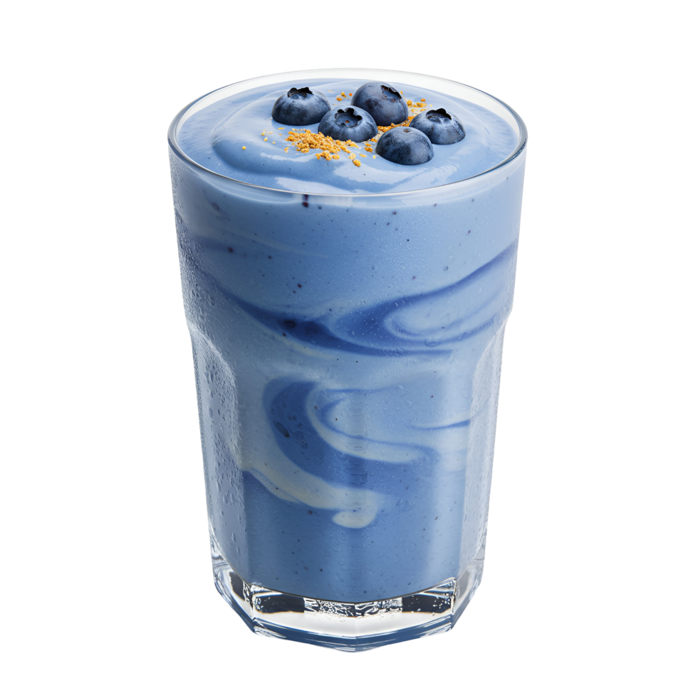 A glass filled with a blue smoothie topped with blueberries and sprinkles on a plain background transparent background png