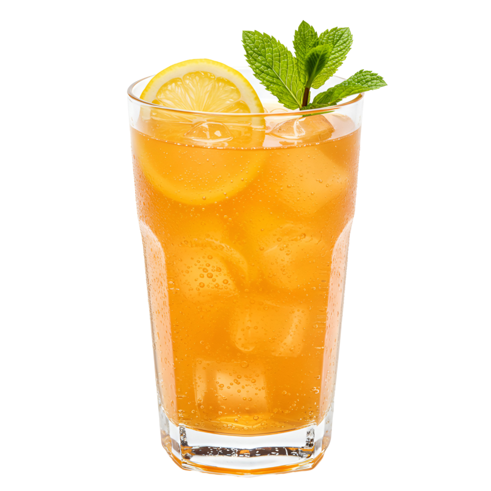 Refreshing beverage with lemon slice and mint sprig on top in tall glass with ice cubes visible transparent background png