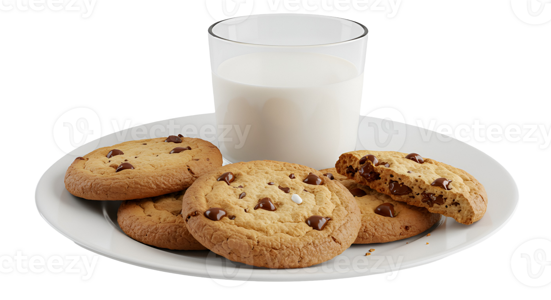 A plate of chocolate chip cookies with a glass of milk on a plain white surface against a plain backdrop transparent background png