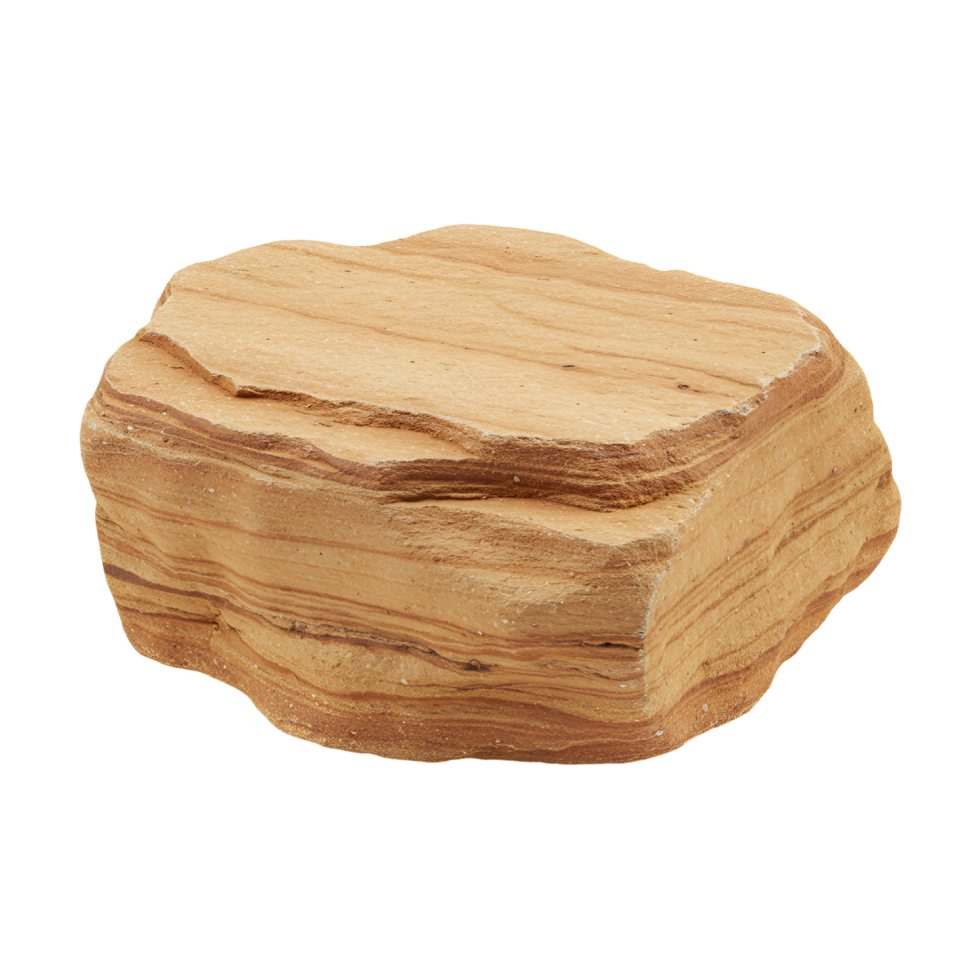 A single layered sedimentary rock formation with tan and brown bands isolated on a white setting view transparent background png