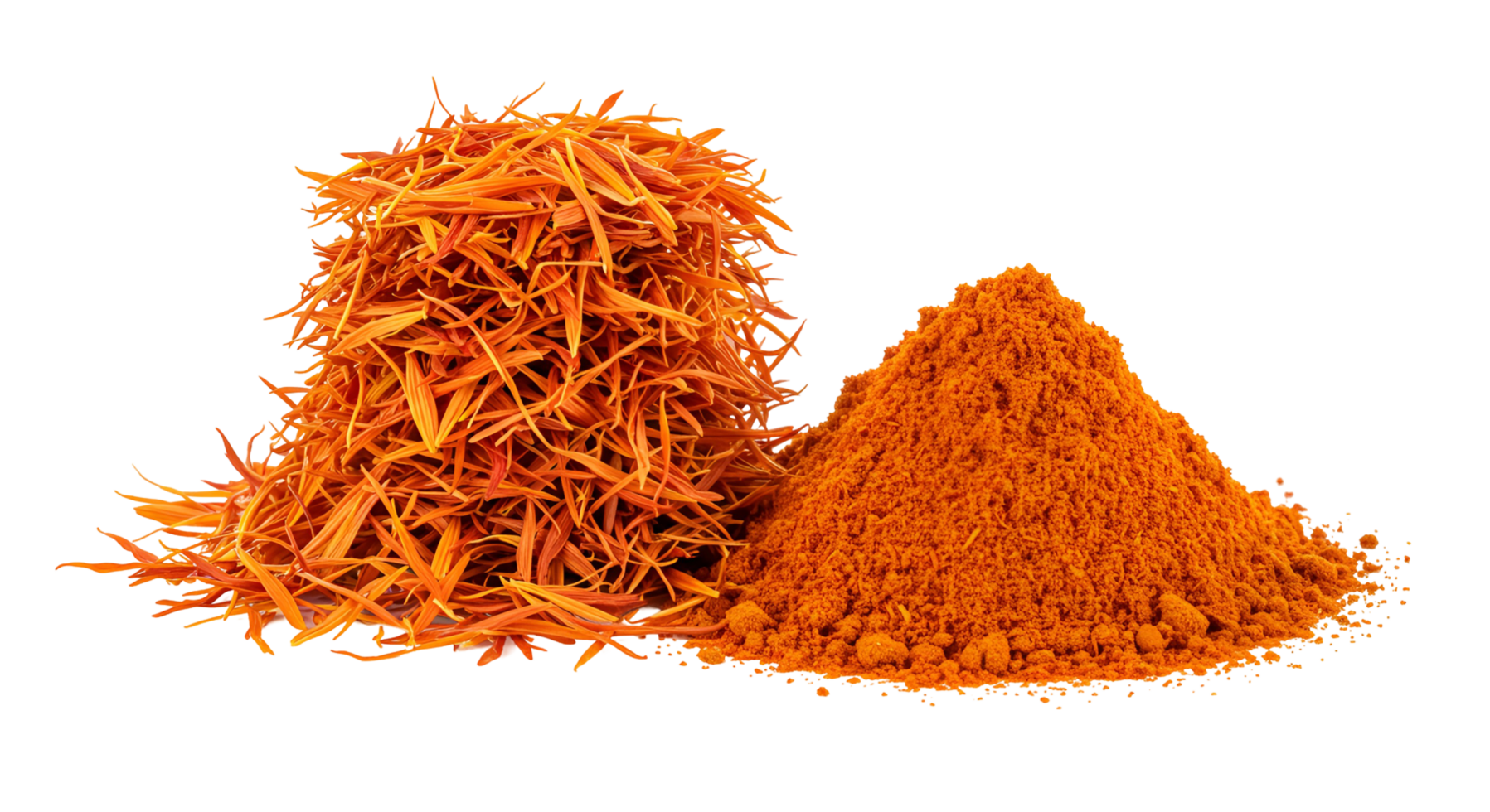 A close up shot showcasing saffron threads and powder against a plain white setting nicely lit transparent background png