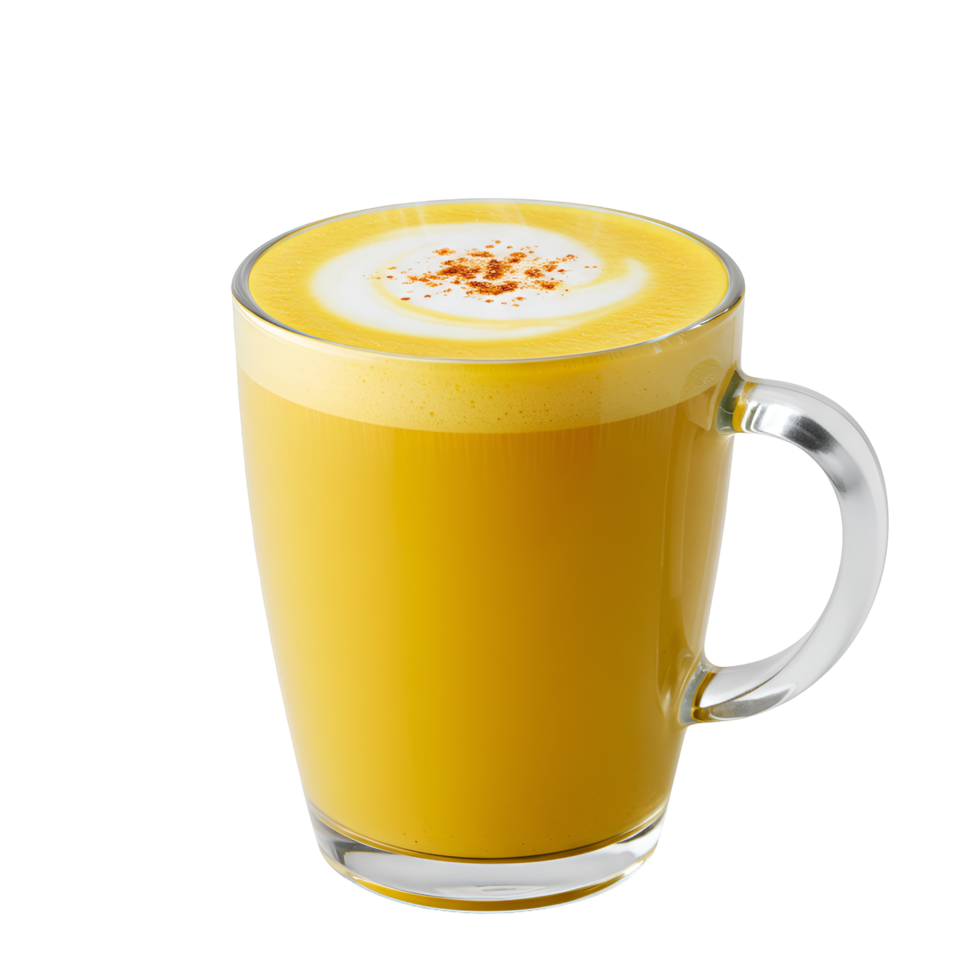 A clear mug filled with golden liquid topped with white foam and spice on a simple background transparent background png