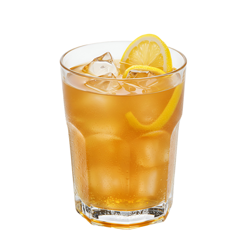 Refreshing beverage in a clear glass with ice and lemon slice on a plain color isolation transparent background png