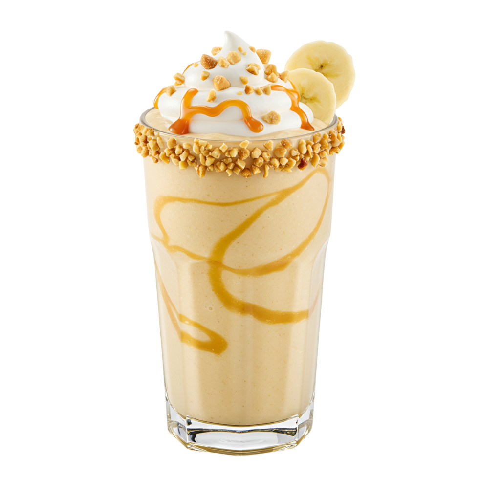 A banana milkshake with whipped cream, caramel, and nuts served in a clear glass on a plain backdrop transparent background png