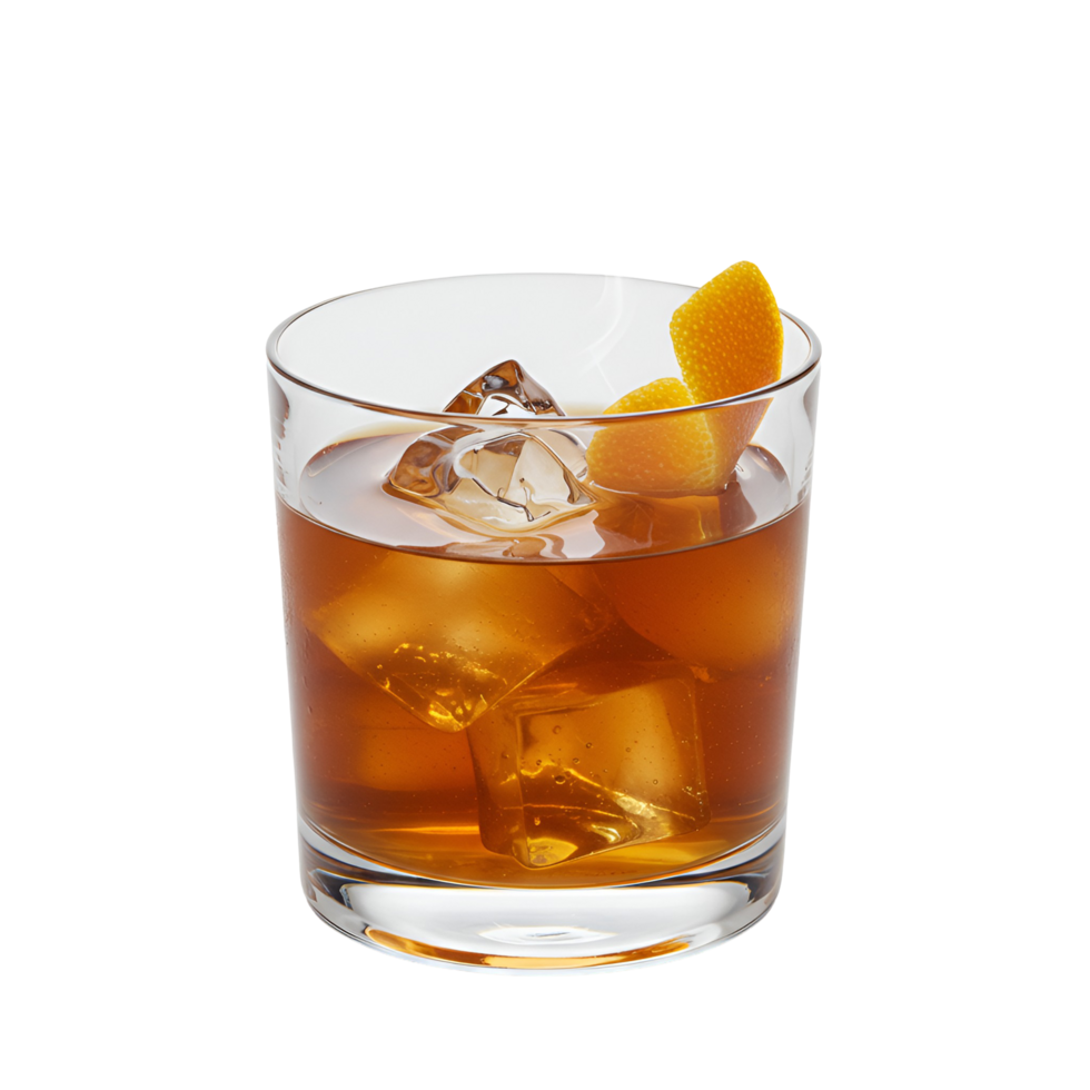 A glass filled with a brown liquid and ice cubes, garnished with an orange peel on a plain setting transparent background png
