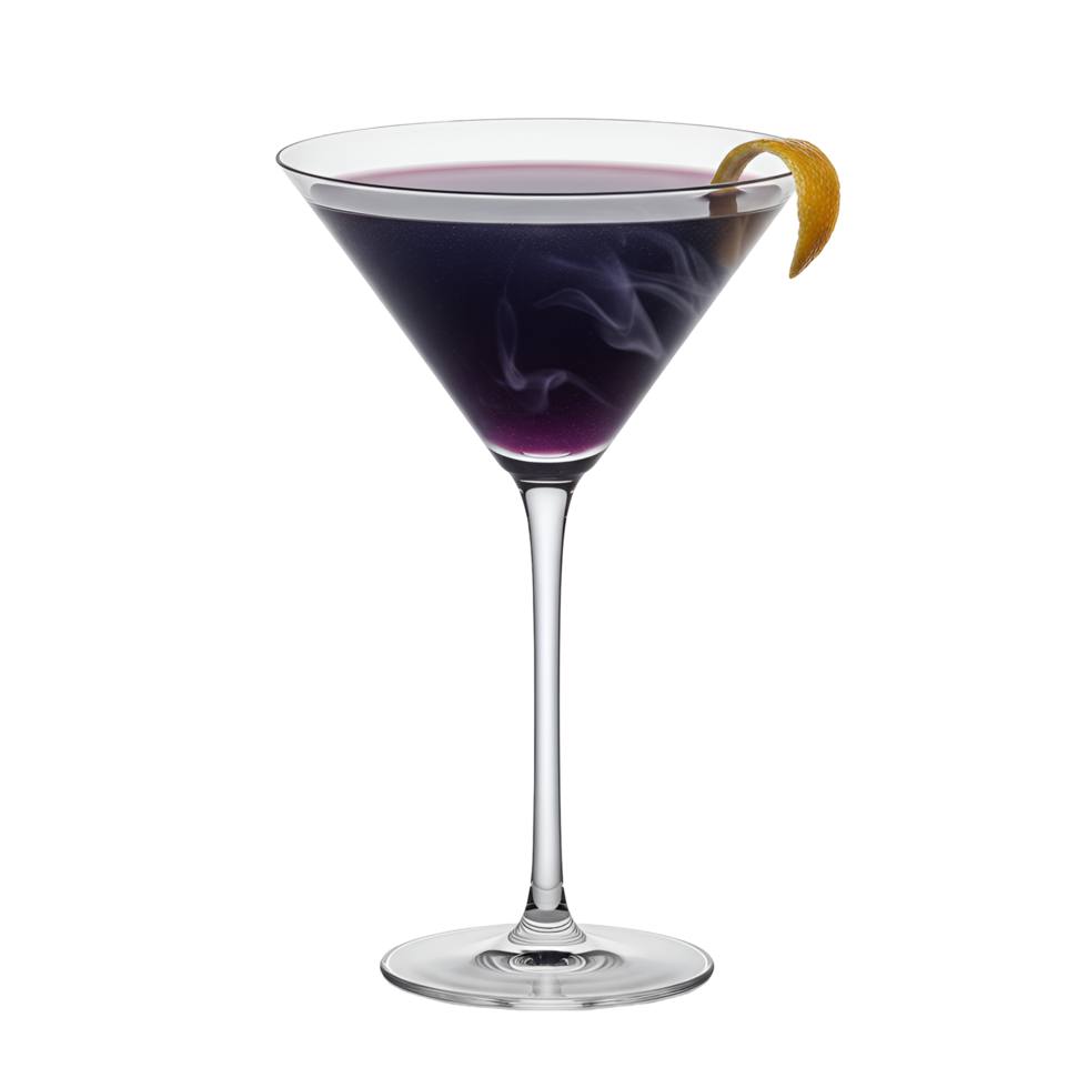 Elegant purple cocktail in martini glass with citrus zest garnish on a plain isolated setting transparent background png