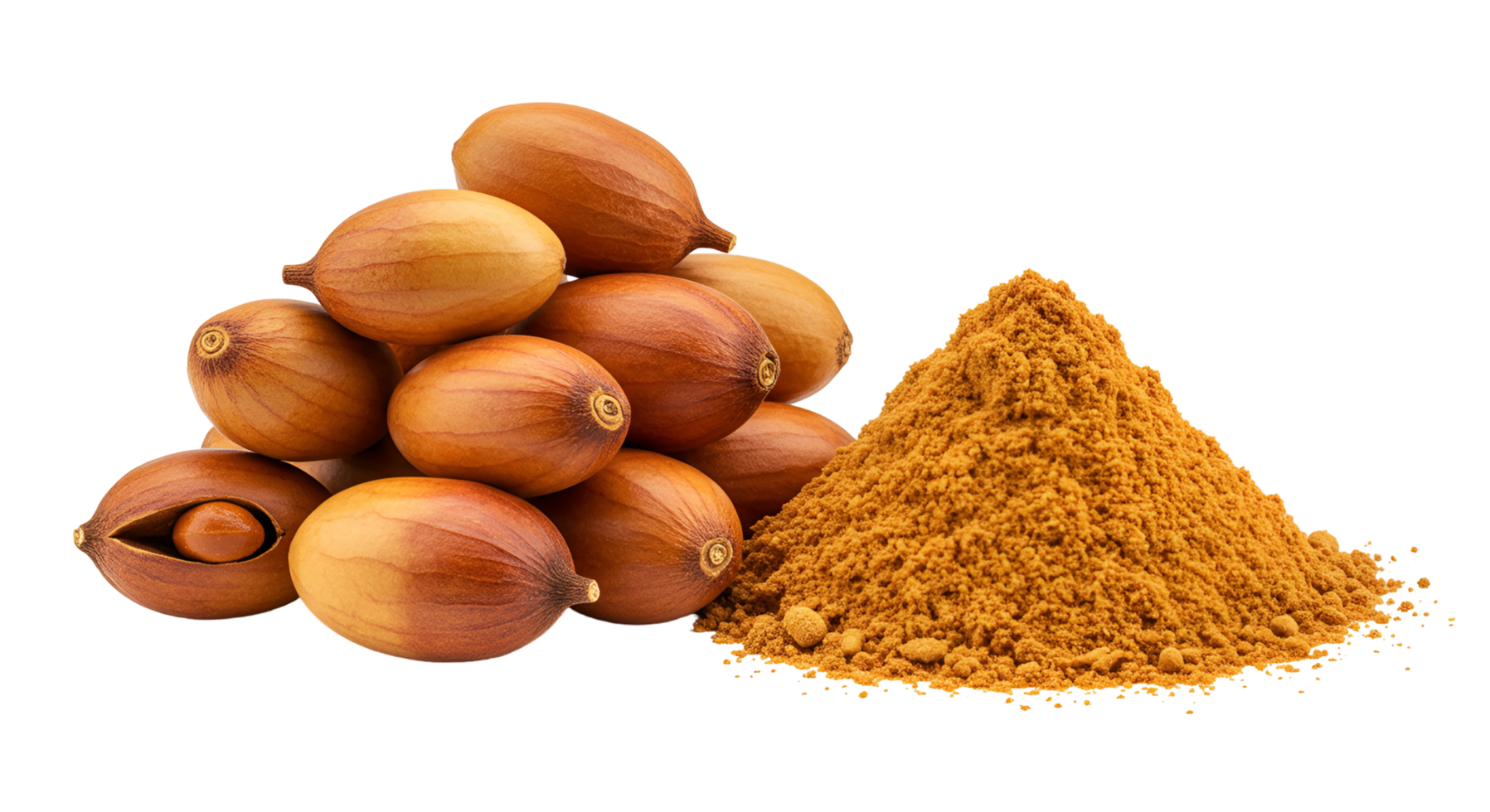 Pile of macadamia nuts and a mound of powder on a white plain surface in a studio setting transparent background png