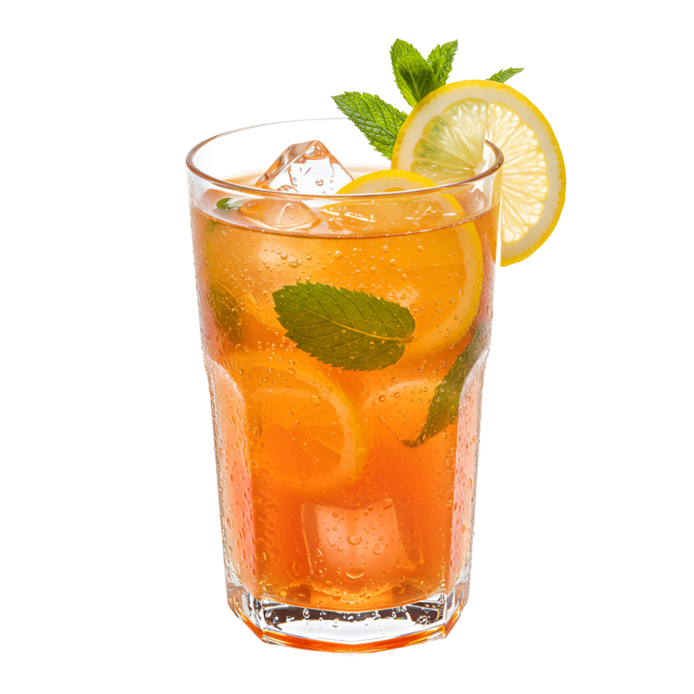 Iced tea beverage with lemon slices and mint garnish in a clear glass on a plain setting transparent background png