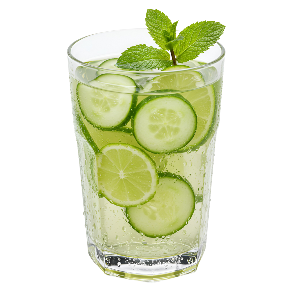 Refreshing drink with cucumber slices and lime wedges in a glass with a mint sprig garnish transparent background png