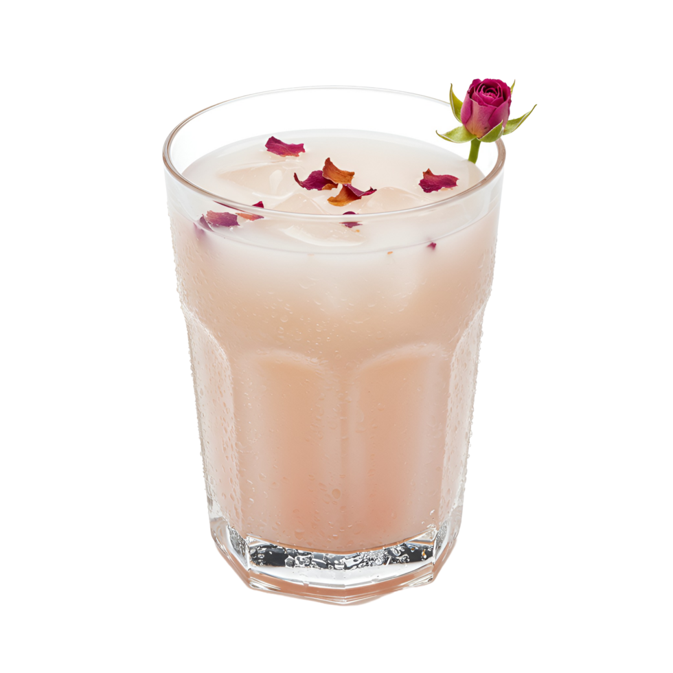A refreshing beverage in a glass with ice and rose petals isolated on a plain background plain color transparent background png