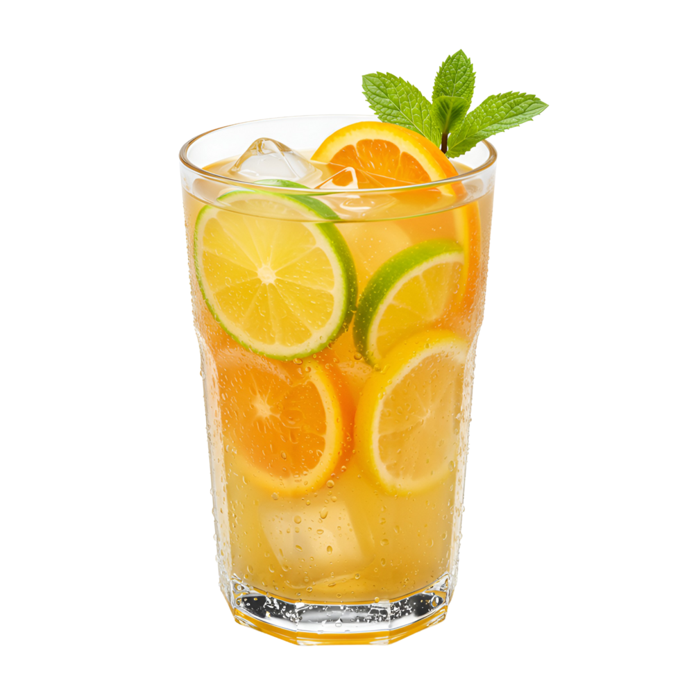 A refreshing citrus beverage with orange lemon lime and mint in a clear glass with ice cubes present transparent background png