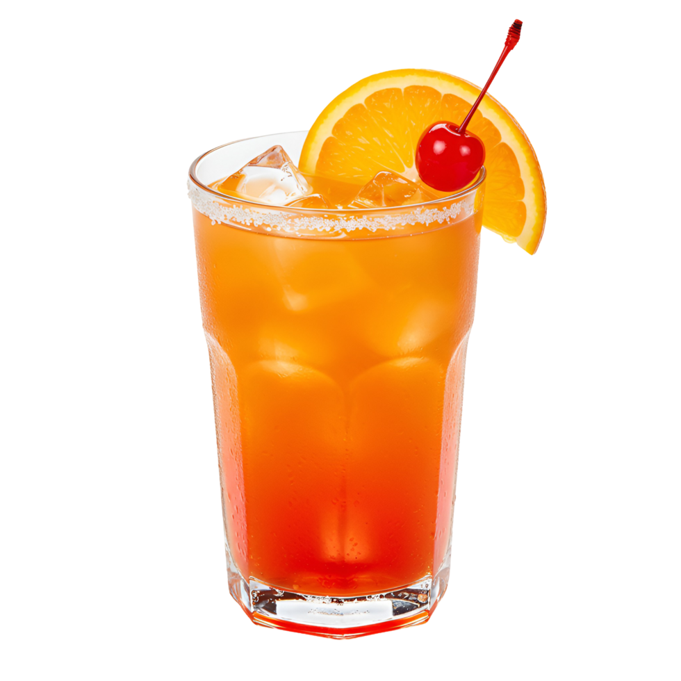 A refreshing orange cocktail with cherry garnish in a clear glass on a plain setting view close up transparent background png