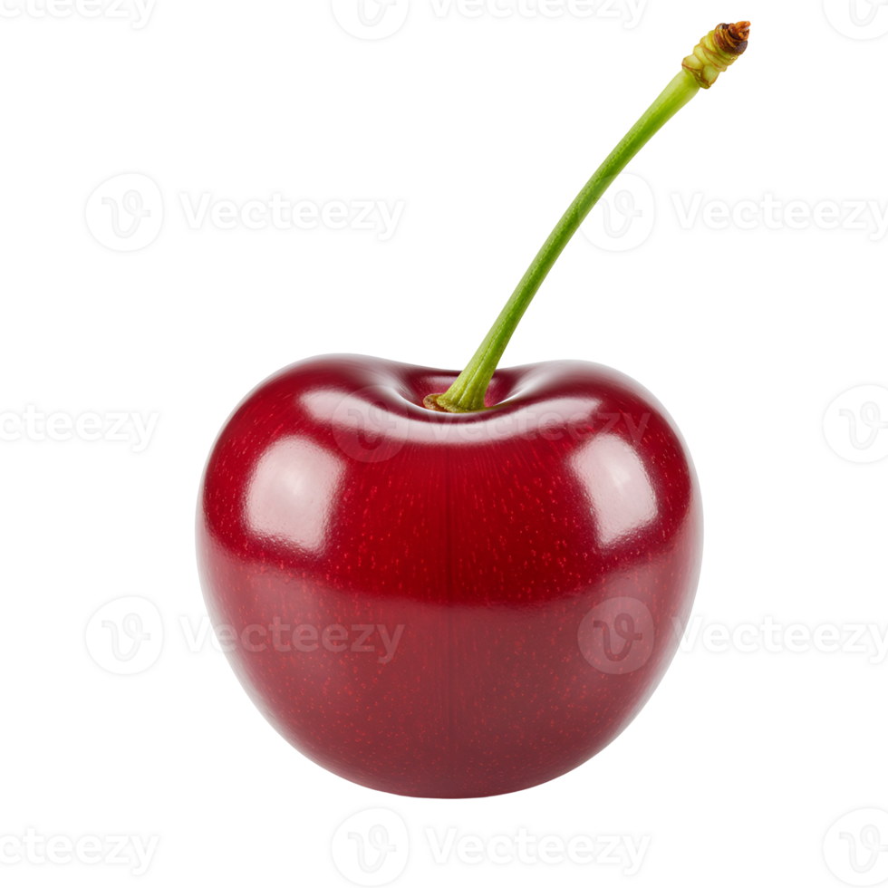 A single ripe cherry with its green stem against a plain backdrop in a studio setting view close up transparent background png
