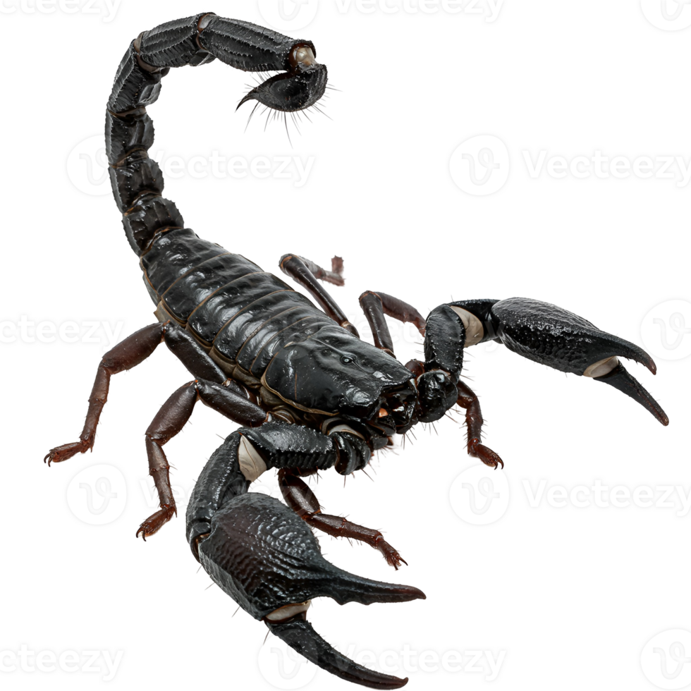 Detailed view of a scorpion with its tail curved over its body on a plain isolated space transparent background png