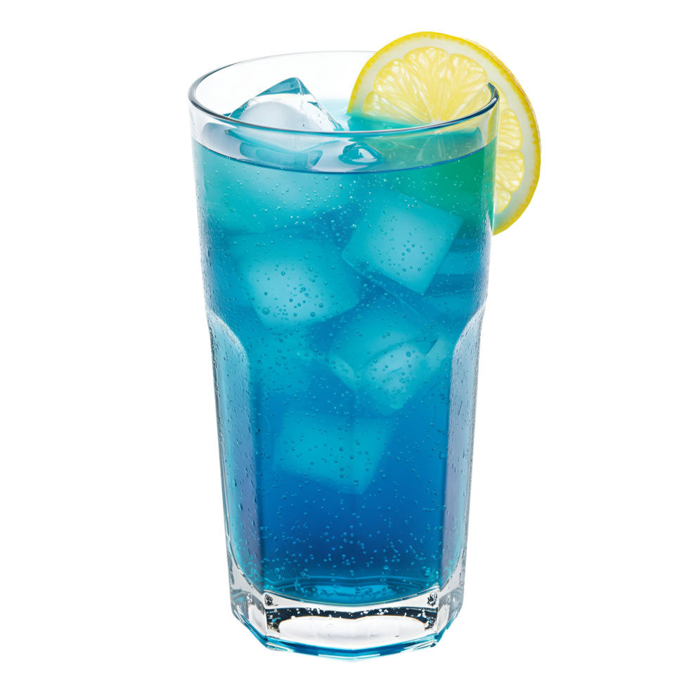 A glass filled with a blue liquid and ice cubes garnished with a slice of lemon on a plain setting transparent background png