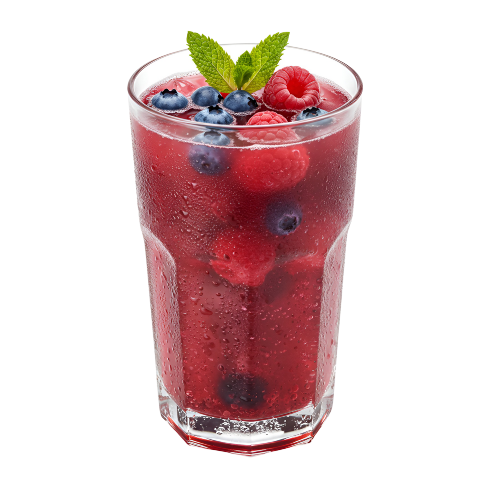 Refreshing berry beverage in a clear glass with mint leaves and fresh berries on a plain backdrop transparent background png