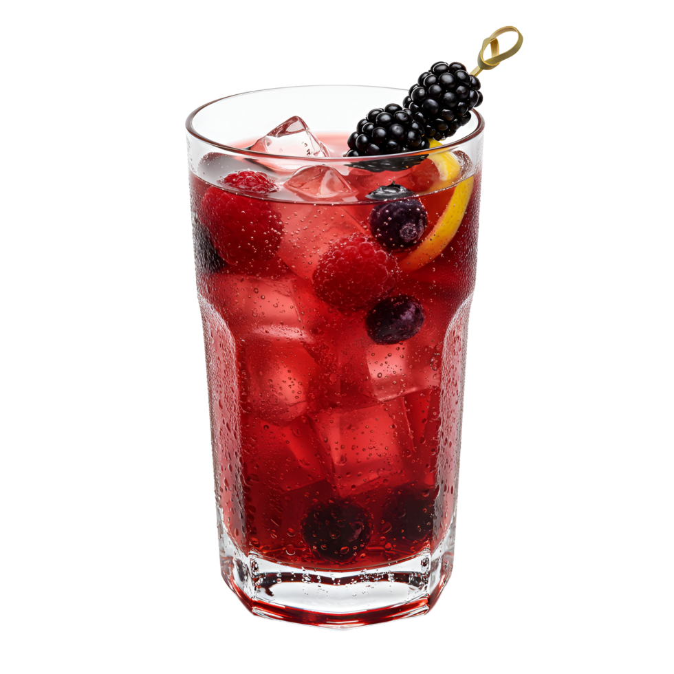 A refreshing berry cocktail in a glass with ice and a lemon twist on a plain color surrounding transparent background png