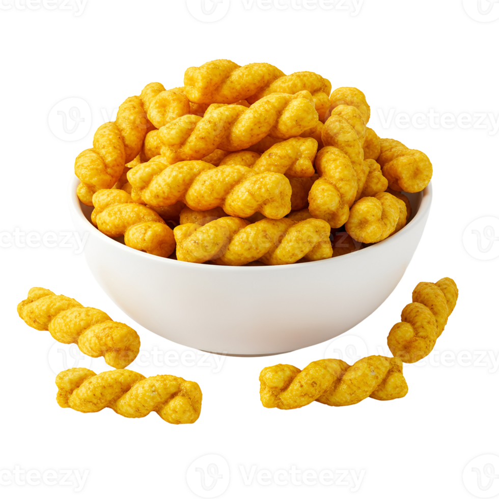 A white bowl filled with twisted yellow snacks and some scattered around the bowl on a plain surface transparent background png
