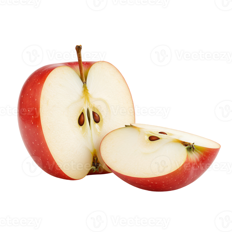 A vibrant red apple cut in half with a slice next to it on a plain surrounding showing seeds inside transparent background png