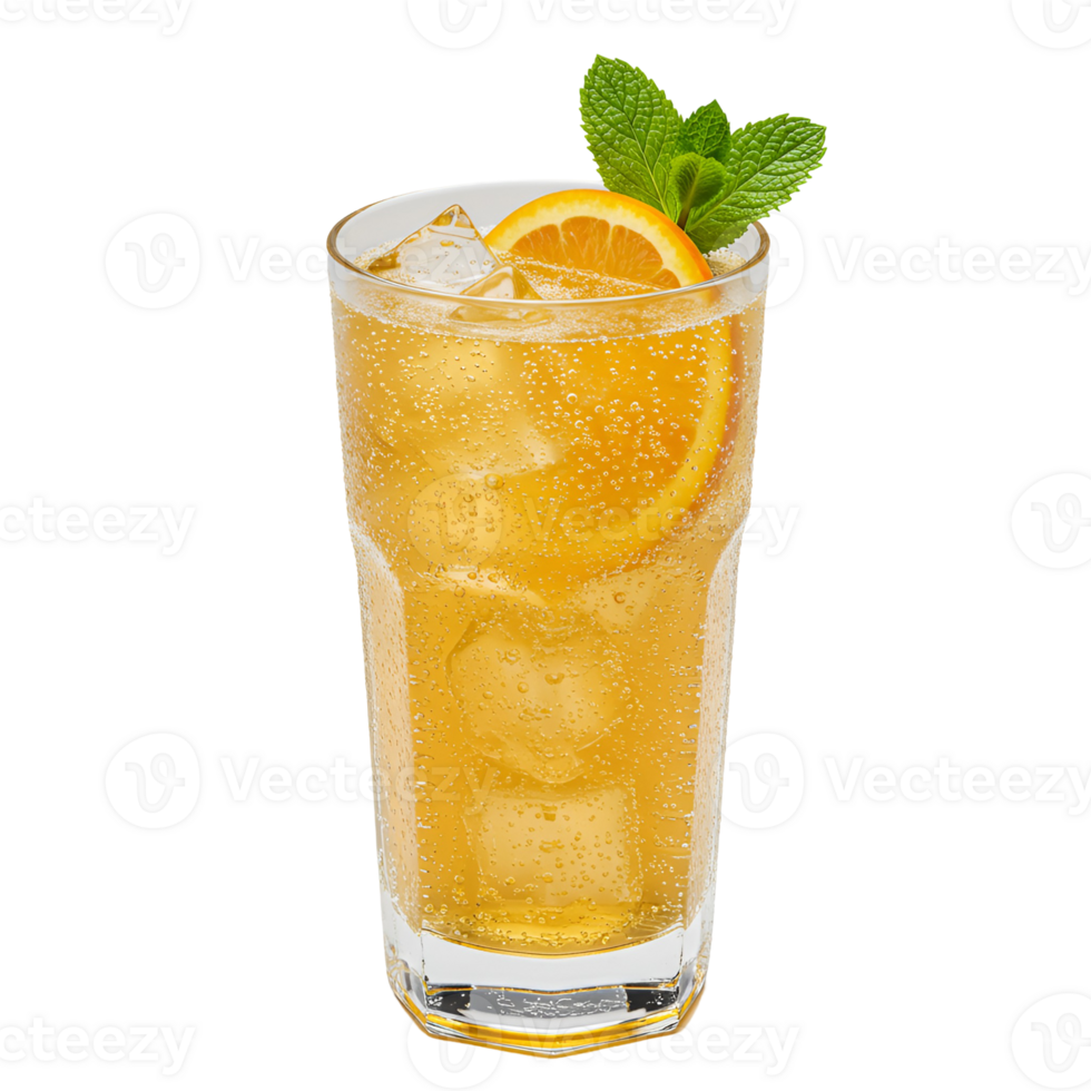 Refreshing beverage with ice orange slice and mint garnish in a tall glass on a plain setting transparent background png