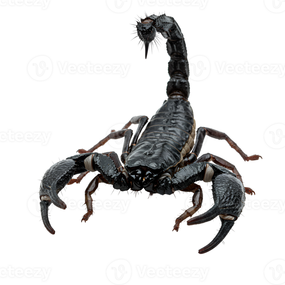 A scorpion with its pincers open and tail raised, standing against a plain isolated backdrop view transparent background png