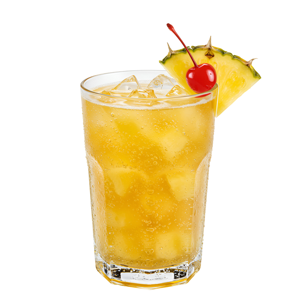 Refreshing yellow cocktail in glass with ice, pineapple slice, and cherry on an isolated background transparent background png