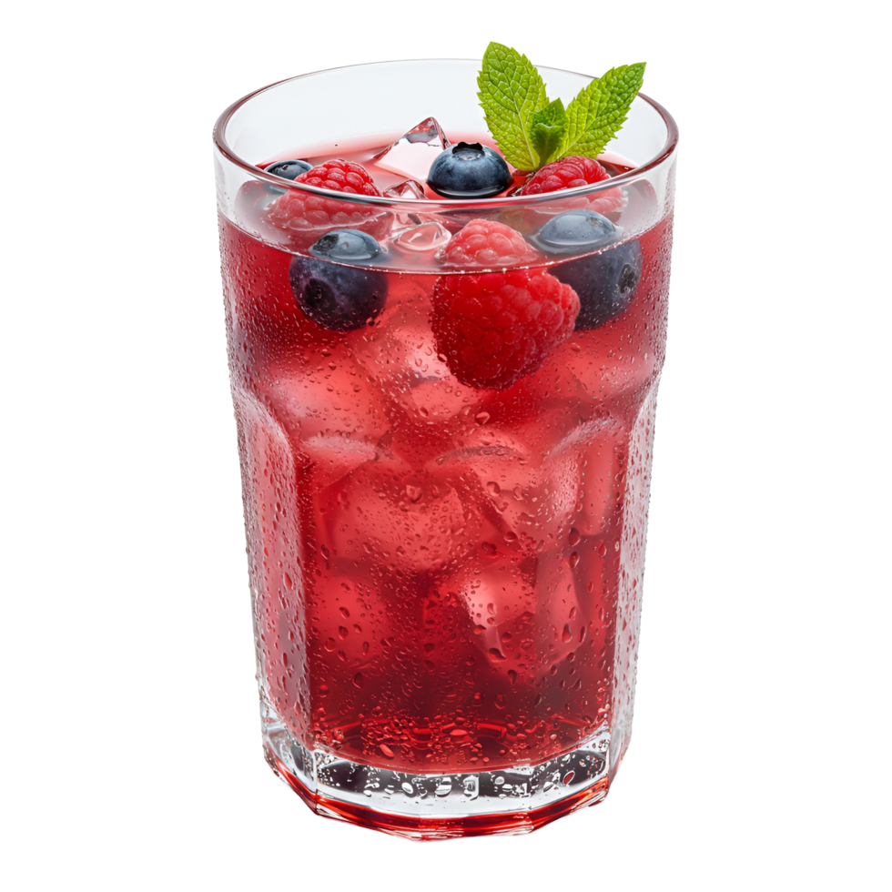 Refreshing berry beverage with ice cubes and mint garnish in a clear glass on a plain setting transparent background png