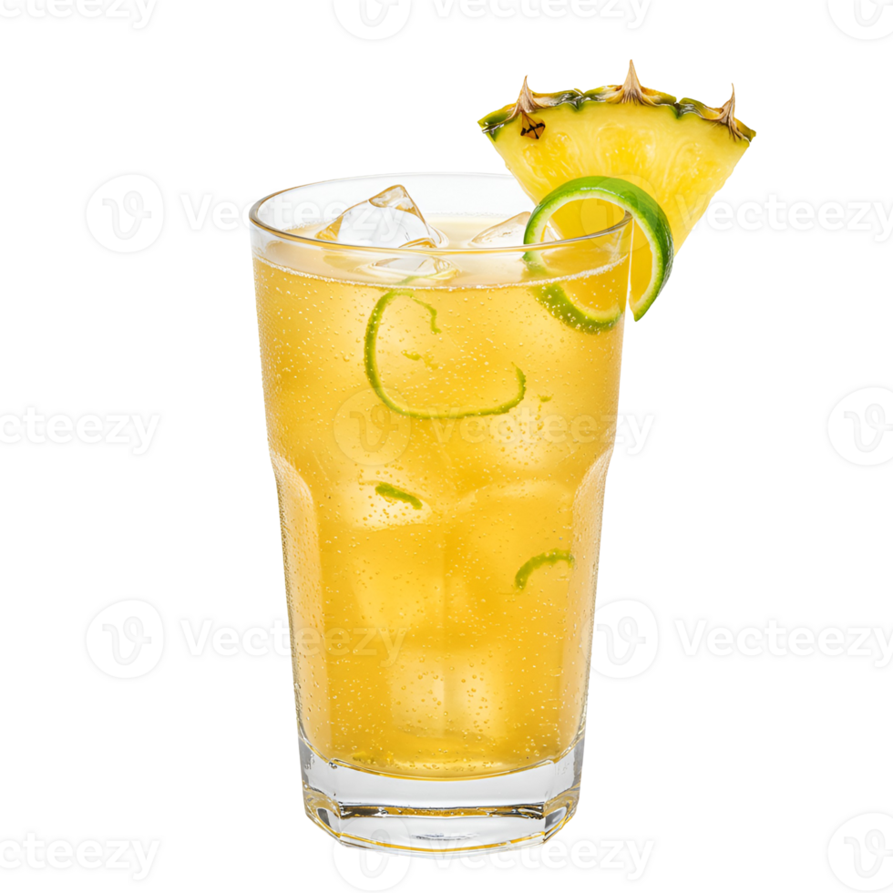 A refreshing yellow beverage with ice cubes and garnished with lime and pineapple on a transparent glass transparent background png