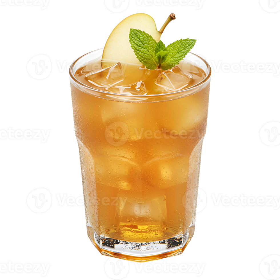 A refreshing beverage in a glass with ice cubes pear slice and mint leaves on an isolated area transparent background png
