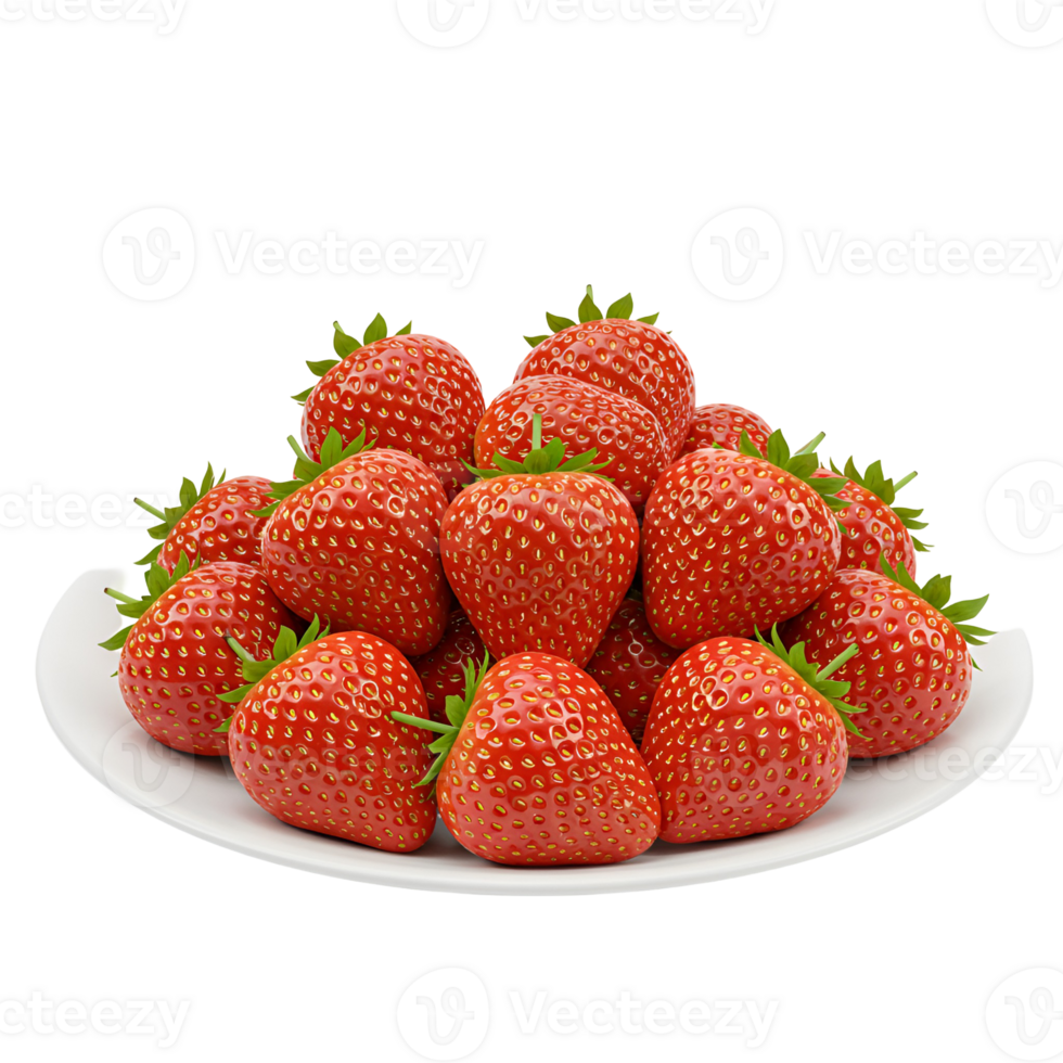 A vibrant pile of fresh strawberries displayed on a pristine white plate against a plain backdrop transparent background png