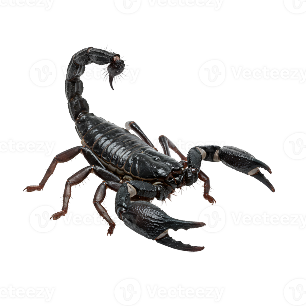 A photograph of a scorpion with its tail raised on a plain isolated simple studio style presentation transparent background png