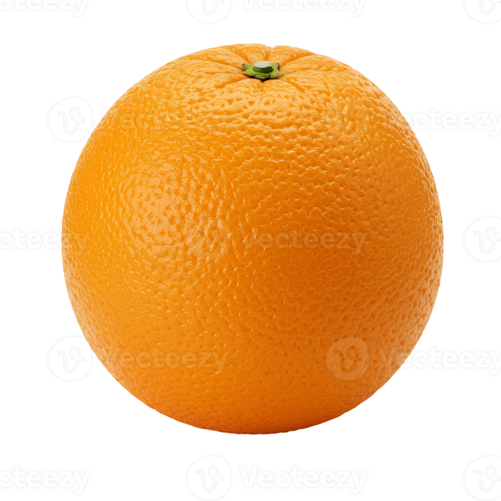 A vibrant citrus fruit with a textured peel and a small green stem on a plain surrounding space transparent background png