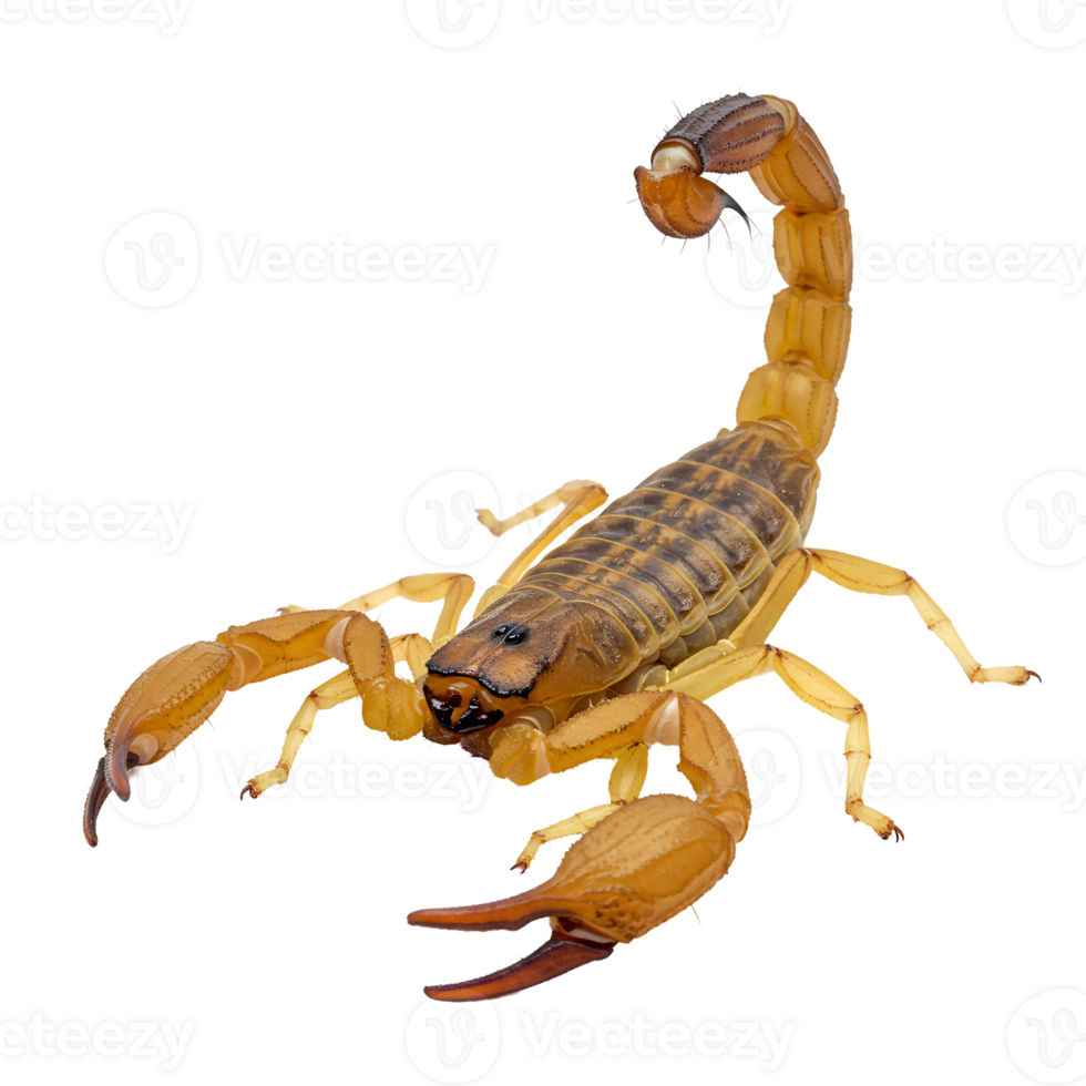 Isolated scorpion with raised tail and prominent pincers on a plain background in studio lighting transparent background png