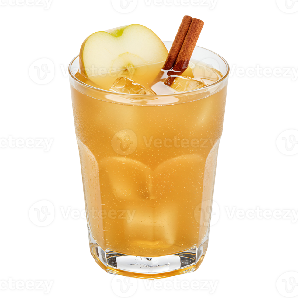 Iced beverage with apple slice and cinnamon stick in clear glass on a plain surrounding area transparent background png