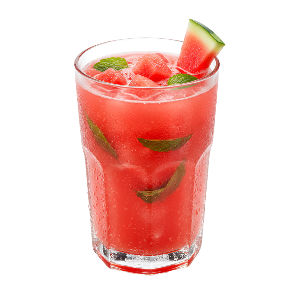 Refreshing watermelon drink in glass with mint and ice cubes on a plain white surface view from front transparent background png