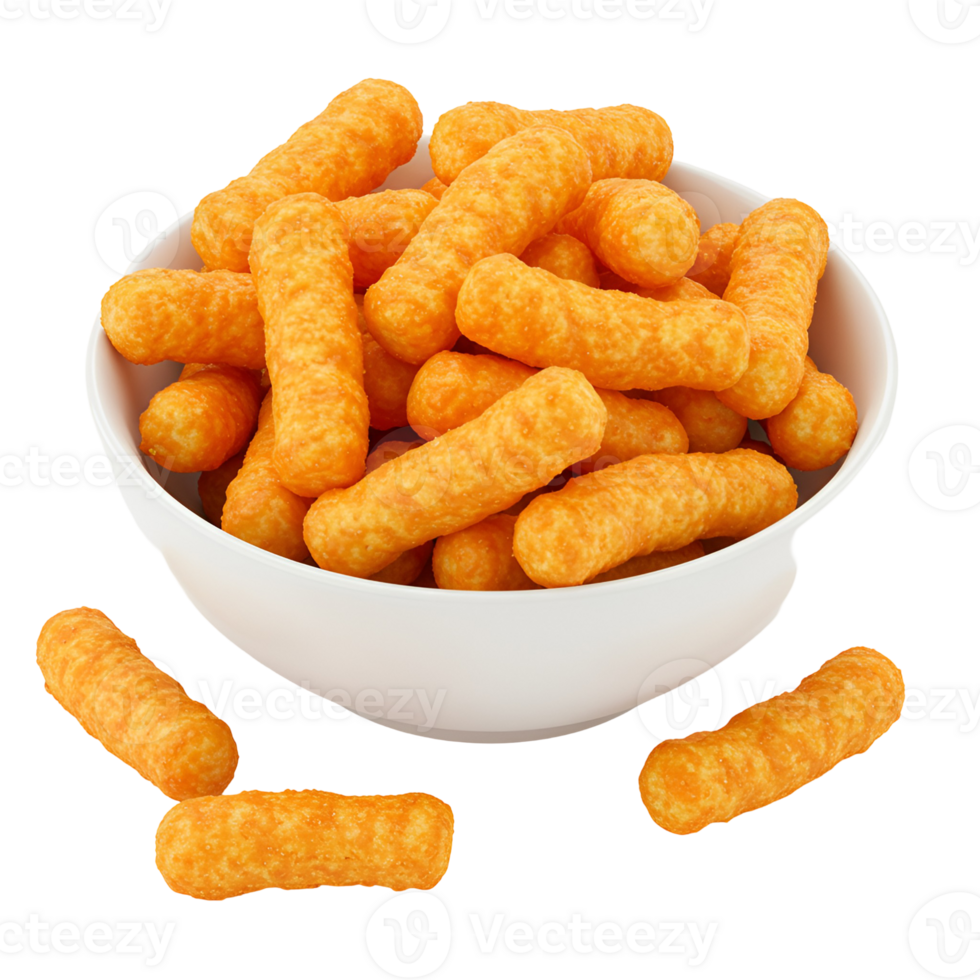 A white bowl filled with orange puffed cheese snacks and some scattered around the bowl on a plain area transparent background png