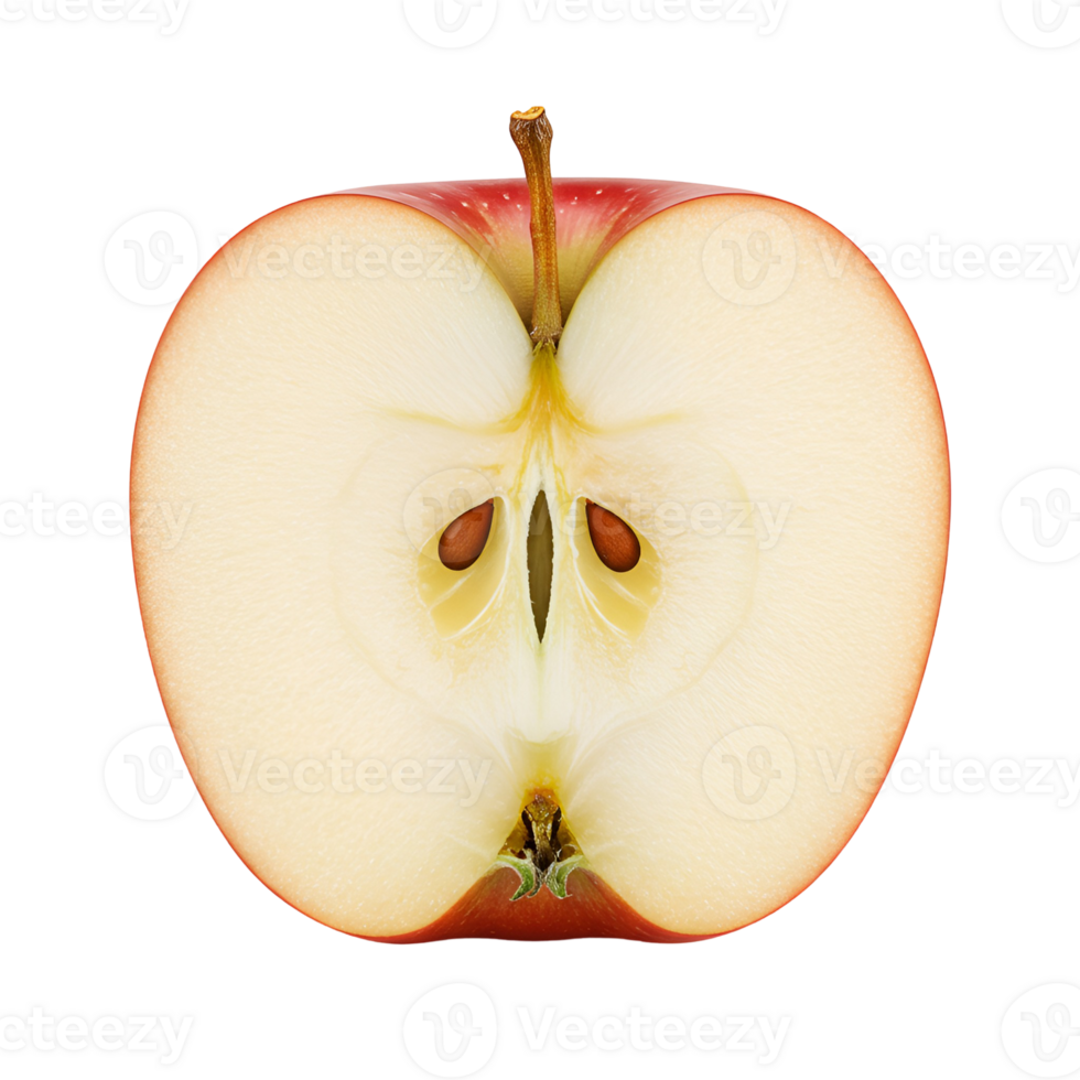 A close up view of a halved apple showing its core and seeds on a plain isolated surrounding area transparent background png