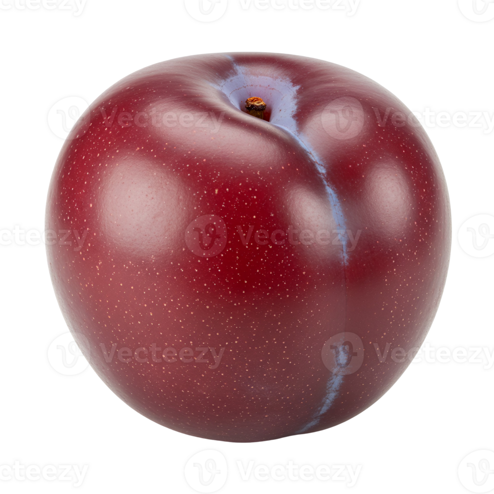 A single ripe plum with a smooth skin surface and a small stem on a plain studio style setting transparent background png