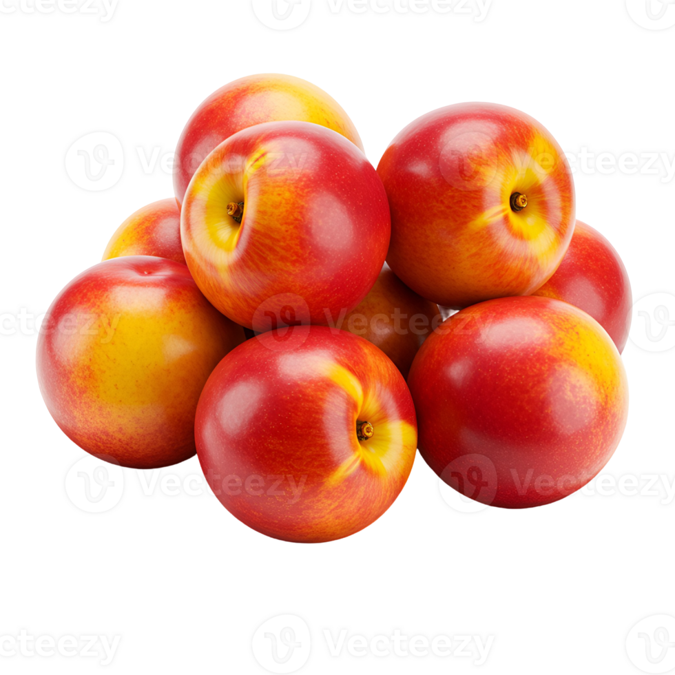 A pile of several ripe nectarines with smooth skin and vibrant colors stacked against a plain space transparent background png