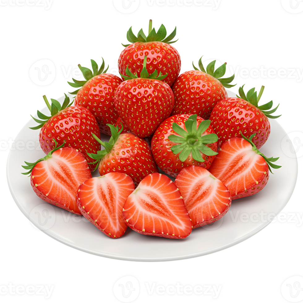 A white plate filled with several whole and halved strawberries with green stems on a plain surface transparent background png