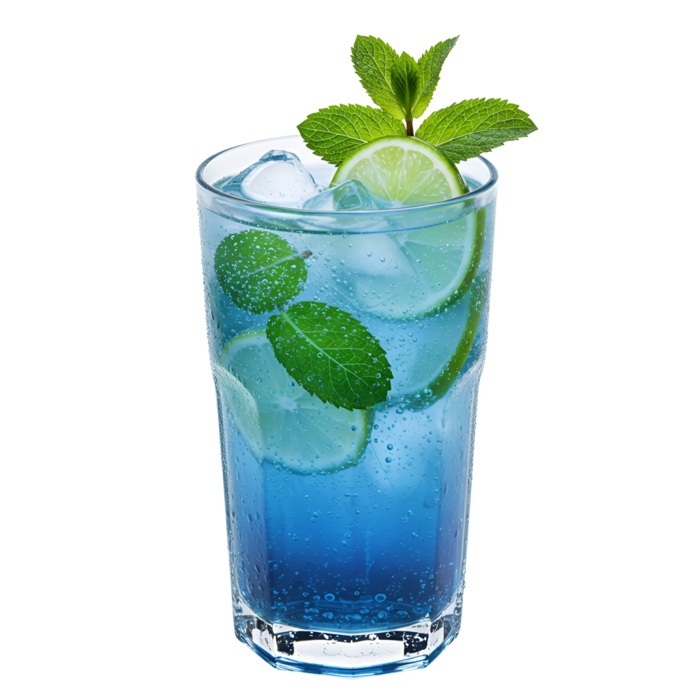 Refreshing blue beverage with lime slices and mint sprigs in a clear glass on a plain setting transparent background png
