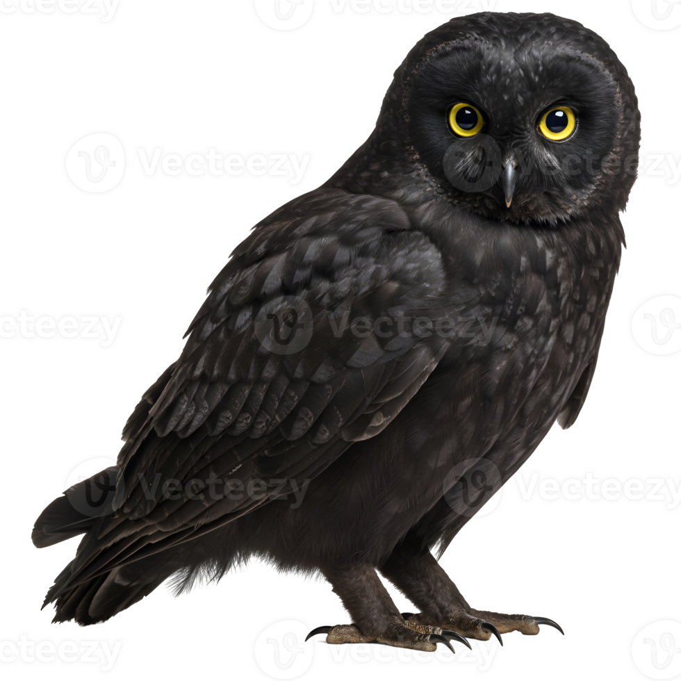An isolated image of a majestic owl with vibrant yellow eyes staring intently at the viewer directly transparent background png