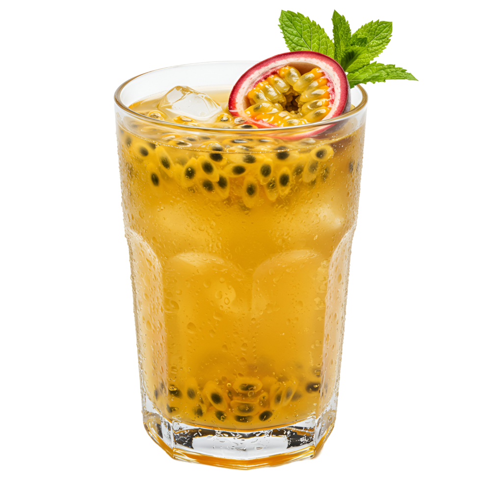 Tall glass filled with passion fruit juice and ice garnished with mint and fruit slice on top transparent background png