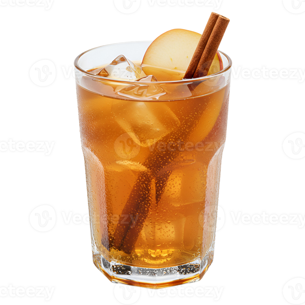 Iced drink in glass with cinnamon sticks and apple slice on top against a solid color backdrop transparent background png