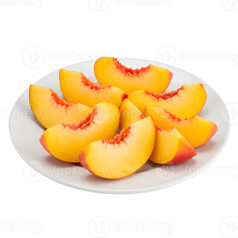 A white plate with several peach slices arranged in a pile, showing the fruit's vibrant colors transparent background png