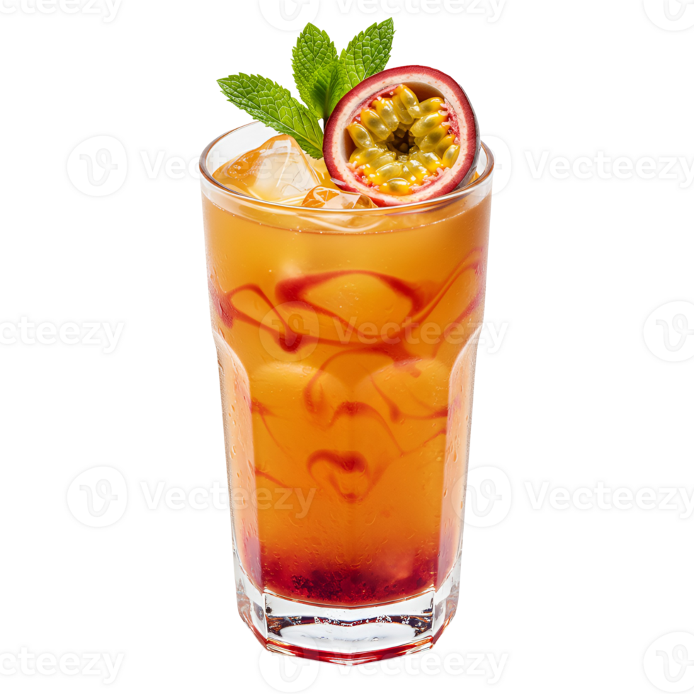 Refreshing cocktail with passion fruit and mint in a glass with ice on a plain surrounding transparent background png